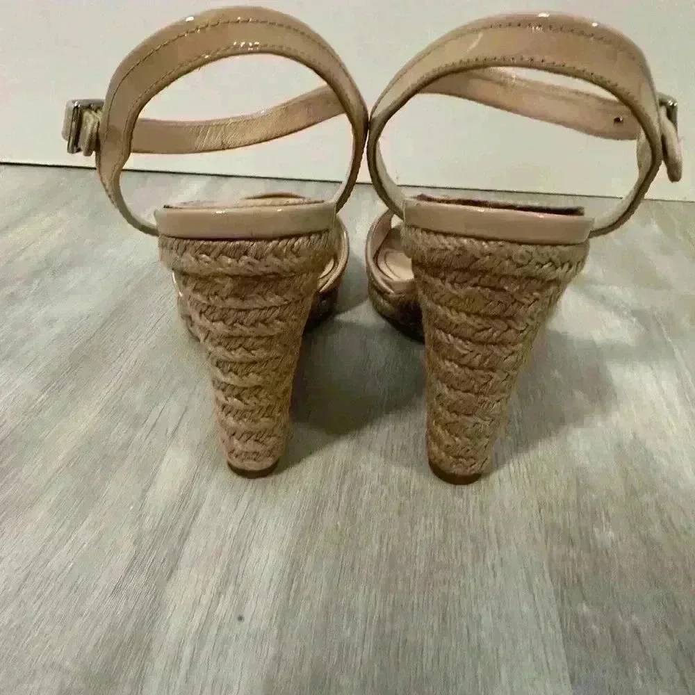 Prada Patent Leather Espadrille Wedge Sandals Beige Size 37 us 6.5